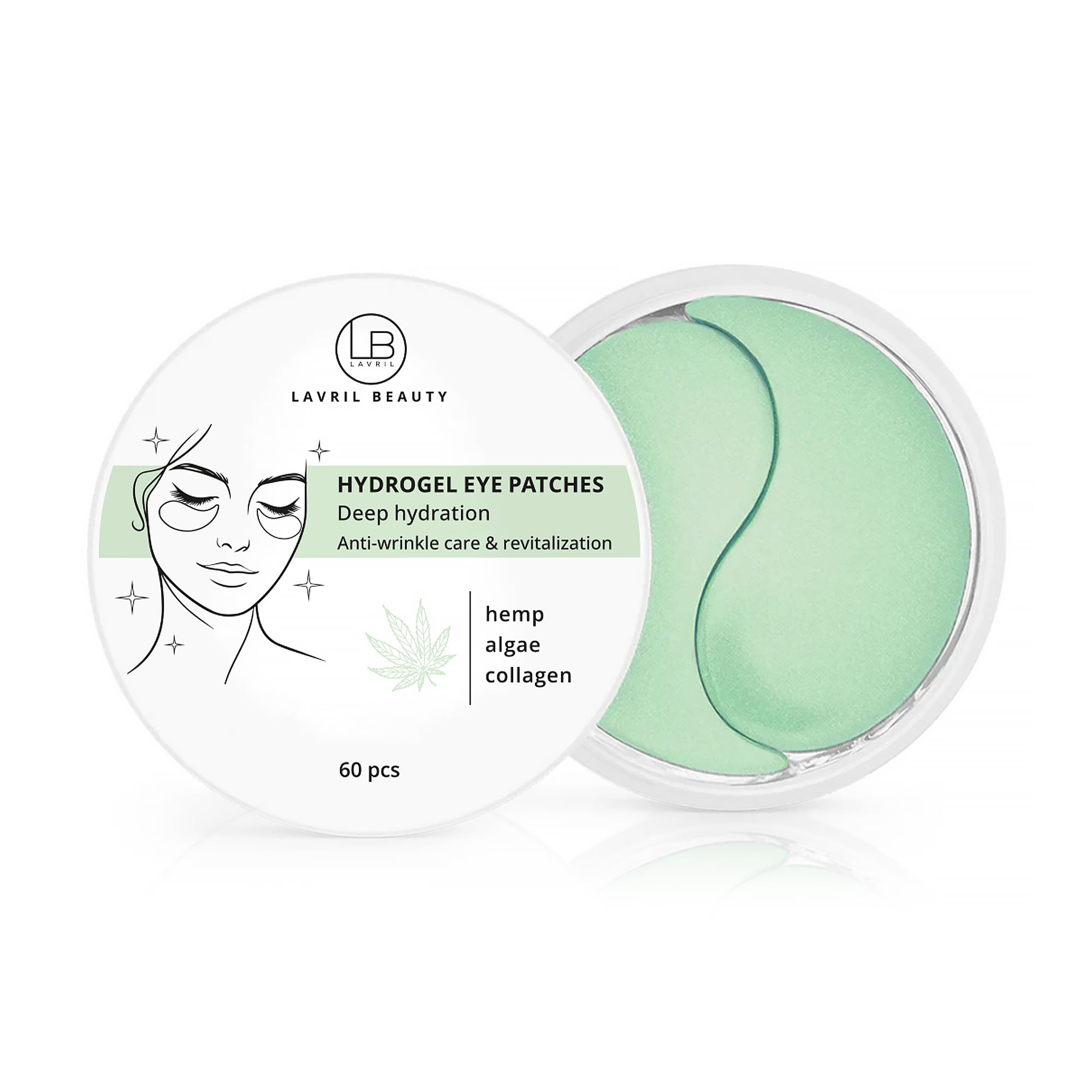 Гідрогелеві патчі для шкіри навколо очей LAVRIL BEAUTY Hydrogel Eye Patches Deep Hydration з коноплею, водоростями алгае та колагеном, 60 шт